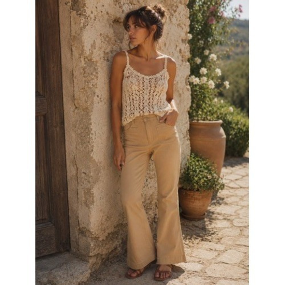 Reiss Tan Flare Leg Pants Front Patch Pockets High Rise Camel Size 6 US 10 UK
